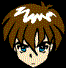 Pixelated character head with brown hair and blue eyes showing three distinct facial expressions against black background.