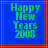 Blue background with red lines and green pixelated text reading 'Happy New Years 2008' in two identical