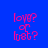 Blue background with pink pixelated text reading 'love? or lust?' in four quadrants, each containing a white horizontal bar partially obscuring the text.