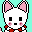 Pixel art contact sheet showing two frames of a white cat-like mascot with pink ears and red accents on a cyan background, displaying subtle facial expression changes between frames.
