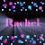 Animated icon with pink 'Rachel' text over a smoky background, surrounded by scattered cyan and magenta pixel squares.