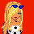 Pixel art of a blonde woman in polka-dot top and pink skirt with blue sunglasses, on red background with text elements.