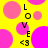 Yellow background with pink circles and black text forming 'LOVE <3' repeated in a pattern