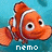 Pixelated orange clownfish with white stripes and large eyes, set against a blue background with the word 'nemo' in white pixelated text below.