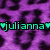 Pixelated text 'julianna' in cyan with black outline flanked by two cyan hearts on a purple pixelated background.