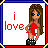 Pixelated cartoon woman with long brown hair in red top and black shorts, standing against white background with blue border; text changes from 'i love' to 'dick' then 'dickies' across frames.
