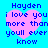 A static image with a bright blue background, four identical pink hearts arranged in a , and pixelated text reading "Hayden i love you more than youll ever know" inside each heart