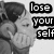 Black-and-white pixelated image of a person with dark hair holding a cigarette, overlaid with bold text reading 'lose in your the self music and the smoke'.