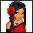 Pixel art contact sheet with four quadrants showing a character and text elements on red star backgrounds.