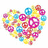 Heart-shaped icon made of colorful peace signs in pink, blue, yellow, and red on white background.