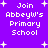 Purple background with white pixelated text reading "Join Abbeyw's Primary School" and scattered white plus signs.