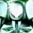 Pixelated anime-style character with green hair and pink eyes, wearing a dark outfit against light background.
