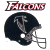 Pixelated image showing 'Falcons' text above a black football helmet with silver facemask and white eye hole.