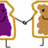 Two pixelated toast slices with smiling faces holding hands, one purple, one brown, on a white background with purple text