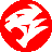 Red circular icon with white stylized animal head silhouette featuring sharp teeth and angular ears on gray background.