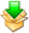 Green arrow pointing down into an open cardboard box with light brown flaps, set against a gray background.