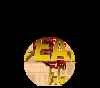 Animated sequence of circular icons showing partial text fragments on a wooden background with red brick elements.