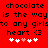 Red background with black pixelated text reading 'chocolate is the way to any girl's heart <3' and five white/pink hearts below.