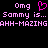 Pixelated text in pink on black background with a heart symbol replacing 'love' in 'omg'.