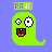 Green ghost-shaped character with white eyes and brown mouth on blue background, displaying multiple text labels above each instance.