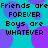 Pixelated cyan background with purple circular shapes and repeated black text reading 'Friends are FOREVER Boys are WHATEVER' in two