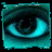 16 identical cyan eyes with black pupils, each eye displaying a different partial word below it in white pixelated text