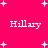 Bright pink background with white pixelated text 'Hilary' repeated four times and scattered plus signs.