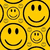 four distinct sections: top-left yellow with black smiley faces, top-right yellow with text "Put a smile on!", bottom-left pink with white heart-shaped glasses smiley face, and bottom-right solid gray