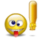 Yellow emoji face with blue eyes and red tongue sticking out, holding a golden exclamation mark in various poses