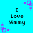 Pixelated cyan background with black text "I Love Yimmy" and purple square patterns in four corners, repeating across the frame.