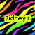 A static image with a black background covered in diagonal stripes of bright neon colors including yellow, orange, pink, purple, green, and cyan. Three instances of the text "SidneyK" appear in different colored outlines.