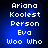 Blue background with white pixelated text reading Ariana Kooolest Person Eva Woo Who in four , displayed across two identical