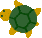 Two pixelated green turtles with yellow limbs and heads, positioned side-by-side against a light gray background.