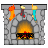 A stone fireplace with three hanging stockings and a fire, showing animation changes in flame color and position