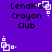 Purple background with black text 'Lenak's Crayon Club' and white pixelated square-and-dot animation elements.