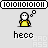 Pixelated character in yellow shirt with white face and black outline, standing against light gray background beneath binary code strip.