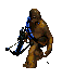 Pixelated brown creature with blue straps holds a bow, shifting through three distinct poses