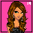 Animated contact sheet of a pixel-art woman with long brown hair in various poses and text frames on pink background.