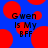 Blue background with red circular shapes and black text reading "Gwen Is My BFF" in pixelated font.