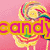 A four- of candy-themed images with text overlays: a swirled lollipop on pink, chocolate bars with "makes a girl", assorted candies with "sweet", and an empty gray