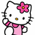 Pixelated white cat face with black outline, pink flower on head, yellow nose, and pink bow around neck.