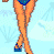 Pixelated animated contact sheet showing a female character in blue-green bikini walking through light blue background with coral-like patterns, displaying multiple poses and partial text fragments.
