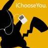 Black silhouette of a cartoon character with long ears and a lightning-shaped tail holding a white MP3 player against a yellow background with text.