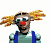 Pixelated clown avatar with orange hair, red nose, blue suspenders, and light green shirt in animated sequence showing head and mouth movements.