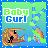 A 48x48 pixel animated contact sheet showing three frames of a cartoon baby girl character with blonde hair and blue eyes performing a leg stretch against a green-to-blue gradient background, bordered by a blue dotted frame.