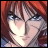 Pixelated anime-style portrait of a character with red hair and blue eyes, next to stylized text on a black background.