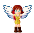 Pixelated angel avatar with brown hair, green eyes, yellow dress, brown boots, and white wings in multiple poses.