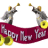 Animated sequence of a gray cartoon figure playing yellow brass instruments beneath a red banner reading 'Happy New Year' on white background.