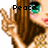 Pixelated anime-style character with long brown hair, green eyes, and pink lips making a peace sign gesture.