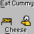 Pixel art animation of a yellow cartoon character eating cheese, with repeated text 'Eat Cummy' and 'Cheese' above and below the sequence.